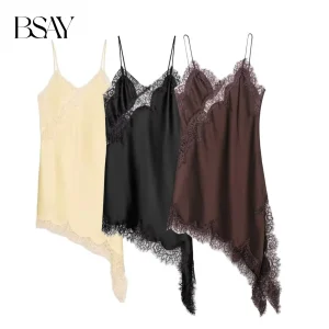 BSAY Lace Asymmetric Dress Summer New 2025 Women's clothing Fashion V-neck Sexy mini dress vest chic French Evening
