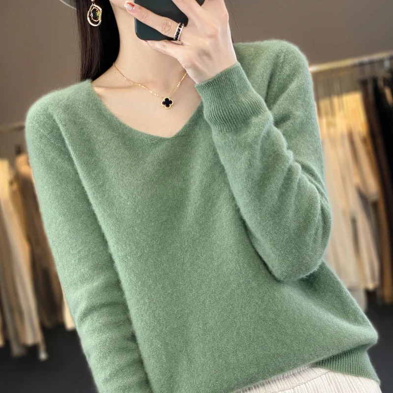 Women 100% Merino Wool Sweater V-Neck Basic Pullover Autumn Winter Cashmere Clothing Long Sleeve Soft Knitwear Tops Solid Color - Image 4