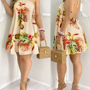 Tropical Print Halter Neck Dress, Vacation Style Backless Dress For Spring & Summer, Women's Clothing