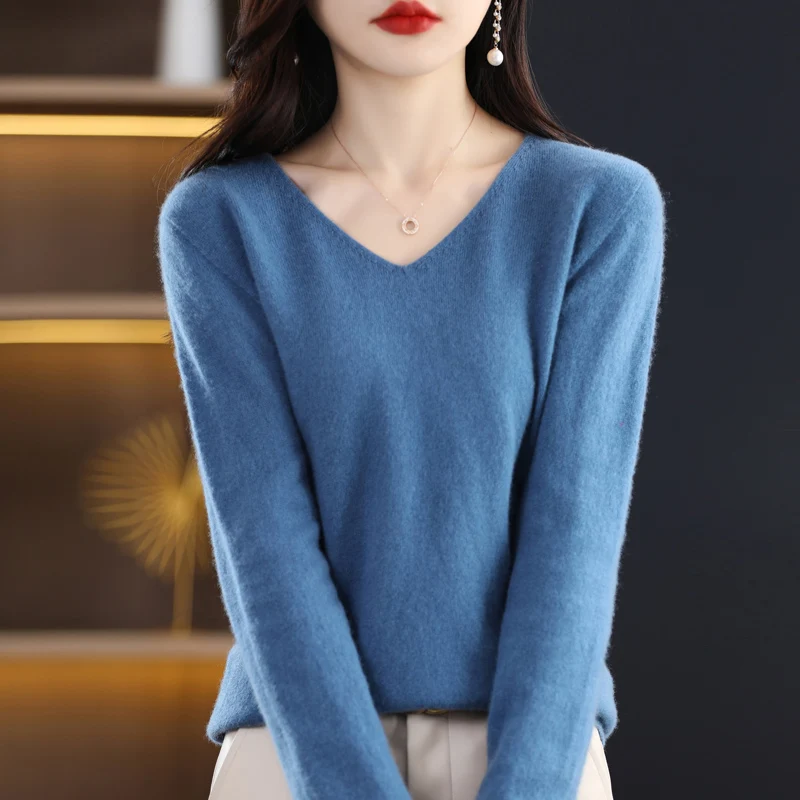 Women 100% Merino Wool Sweater V-Neck Basic Pullover Autumn Winter Cashmere Clothing Long Sleeve Soft Knitwear Tops Solid Color - Image 6