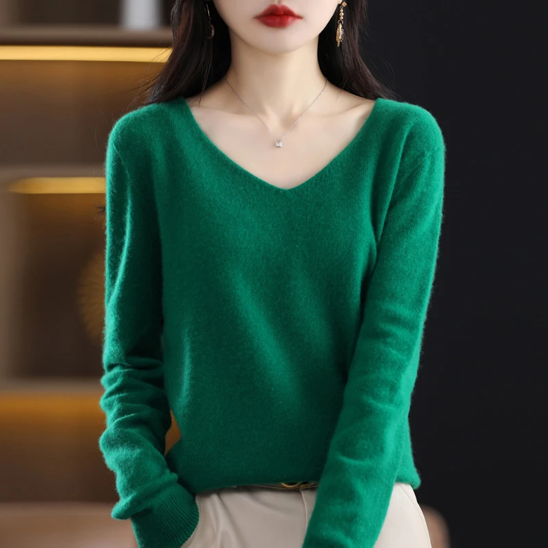 Women 100% Merino Wool Sweater V-Neck Basic Pullover Autumn Winter Cashmere Clothing Long Sleeve Soft Knitwear Tops Solid Color - Image 5