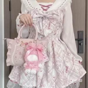 2025 Japanese Sweet Lolita Kawaii Dress Women Spring Printed Bow Fake Two Piece Dress Female Korea Style Design Party Clothing
